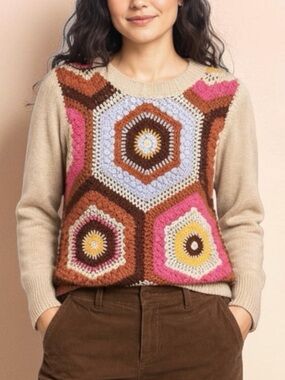 Autumn Cashmere 100% Pure Cashmere Crochet Front Geo Patchwork Mojave Sweater